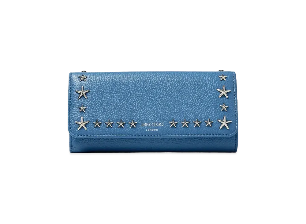 Jimmy Choo Mino Soft Grainy Calf Leather Wallet With Star Studs "Silver/Butterfly Blue"