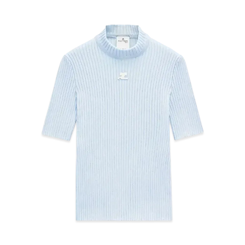 Courreges Reedition Short Sleeves Rib Knit Sweater "Sky"