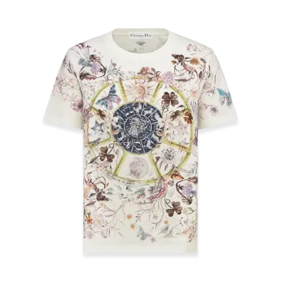 Dior Women's T-Shirt Linen Jersey Tarot La Roue La Fortune Motif "White/Multicolor"