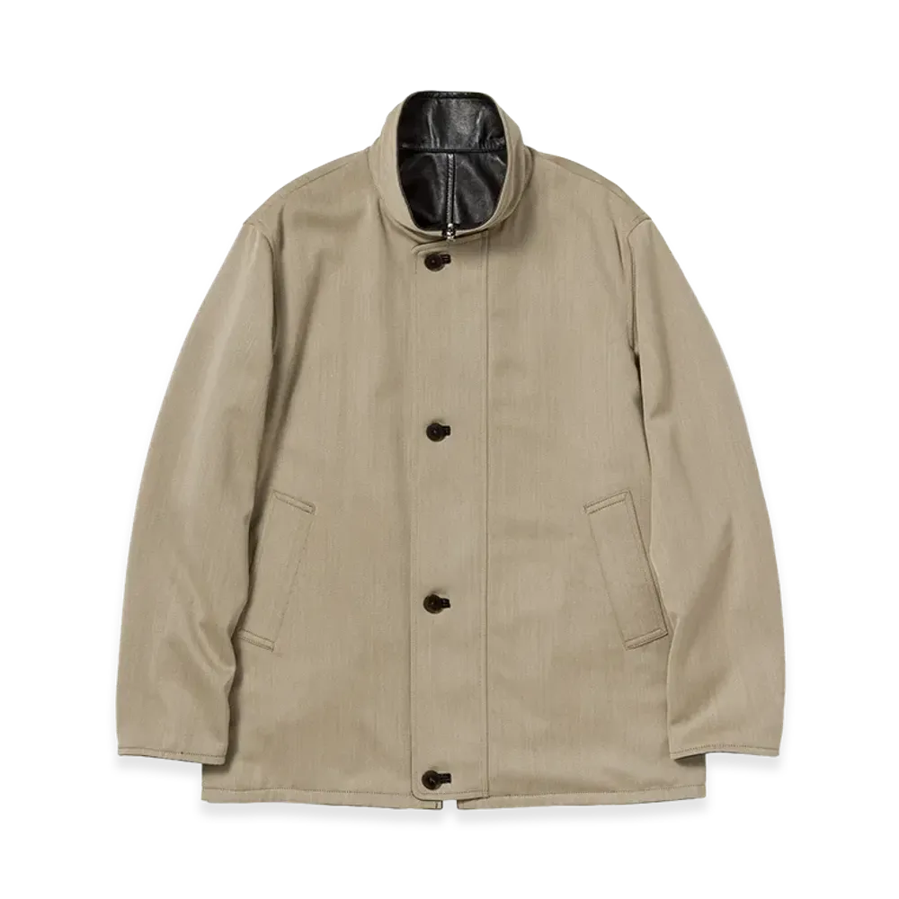 AURALEE Reversible Wool Twisted Twill / Sheep Leather Half Coat "Khaki Beige Chambray/Black"