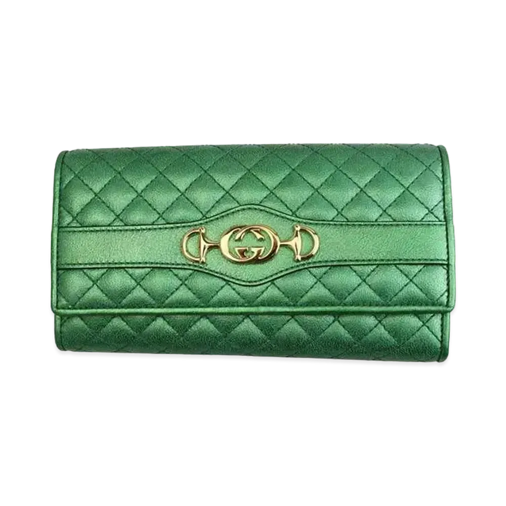 GUCCI Quilted Long Wallet "Metallic Green"
