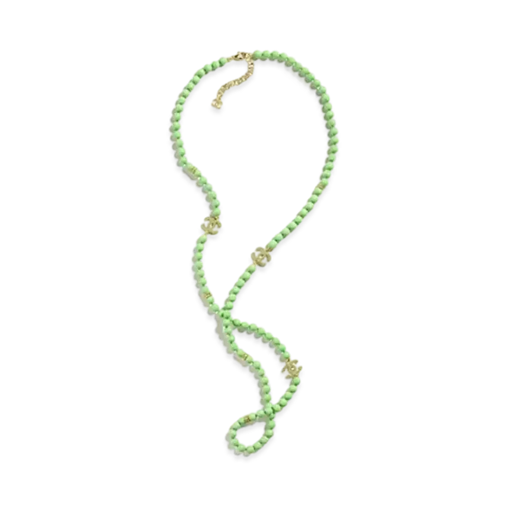 CHANEL Long Necklace Metal, Glass Pearls & Strass "Gold/Green"