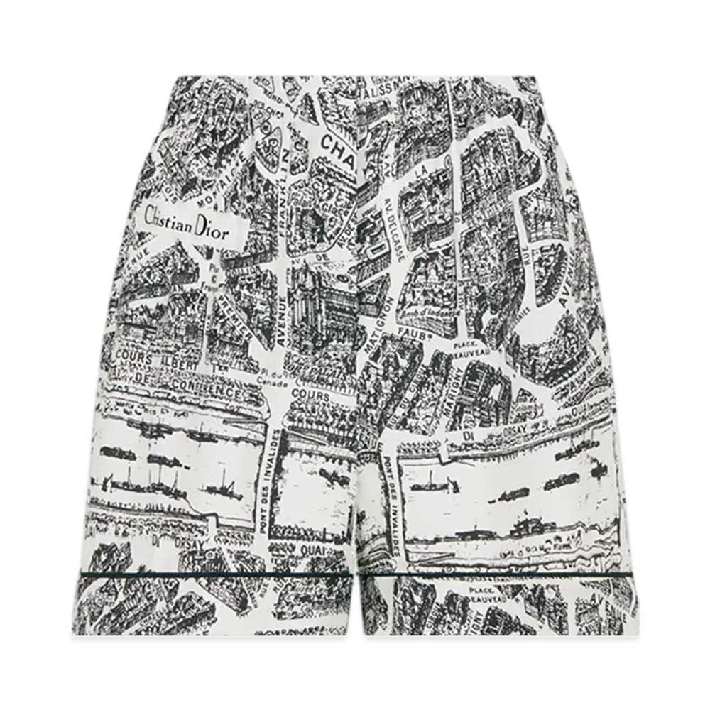 Dior Women's Shorts Silk Twill Plan Paris Motif "White/Black"