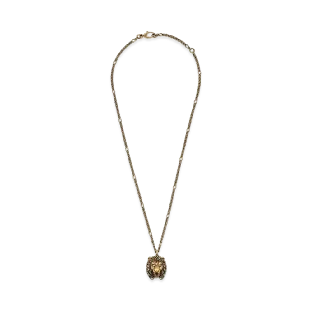 GUCCI Lion Head Colored Stone Necklace "Gold"