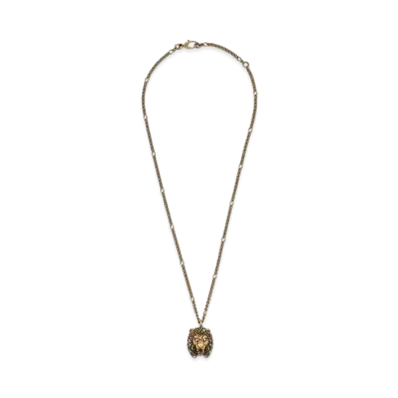 GUCCI Lion Head Colored Stone Necklace "Gold"