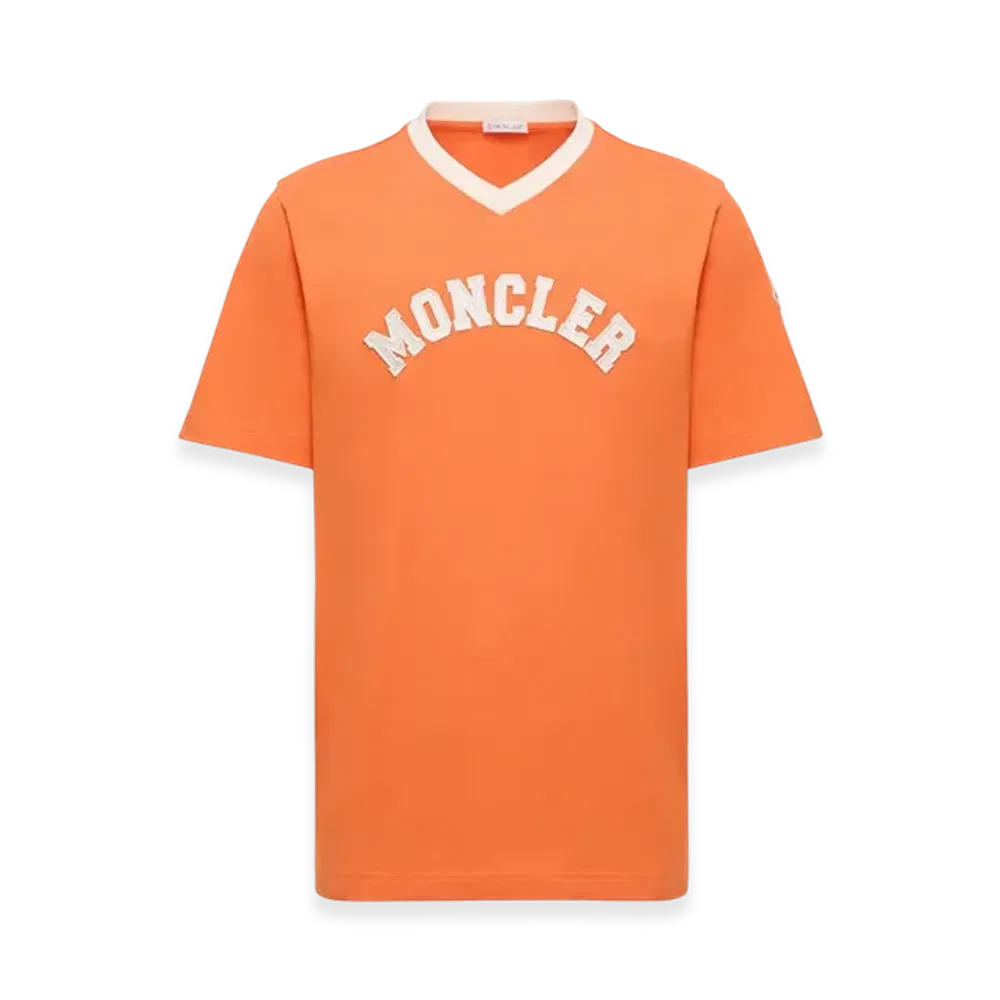 MONCLER Embroidered Logo Cotton Piquet V-Neck T-Shirt "Orange"