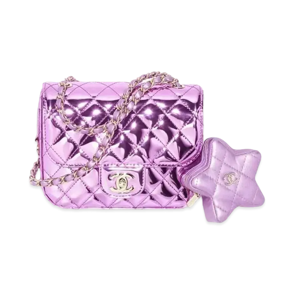 CHANEL Mini Flap Bag & Star Coin Purse Mirror Calfskin Metallic Calfskin & Gold Tone Metal "Purple"
