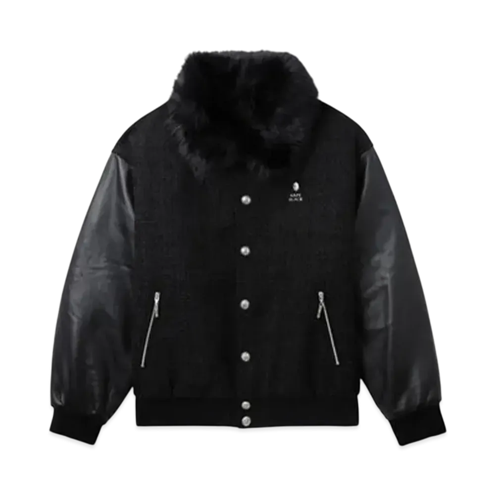 A BATHING APE Bape Black Leather Sleeve Tweed Jacket "Black"