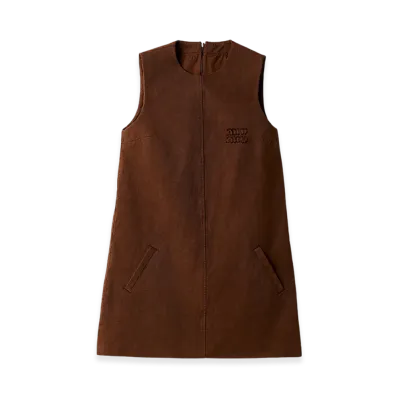 MIU MIU Women's Garment-Dyed Gabardine Mini Dress "Cocoa Brown"