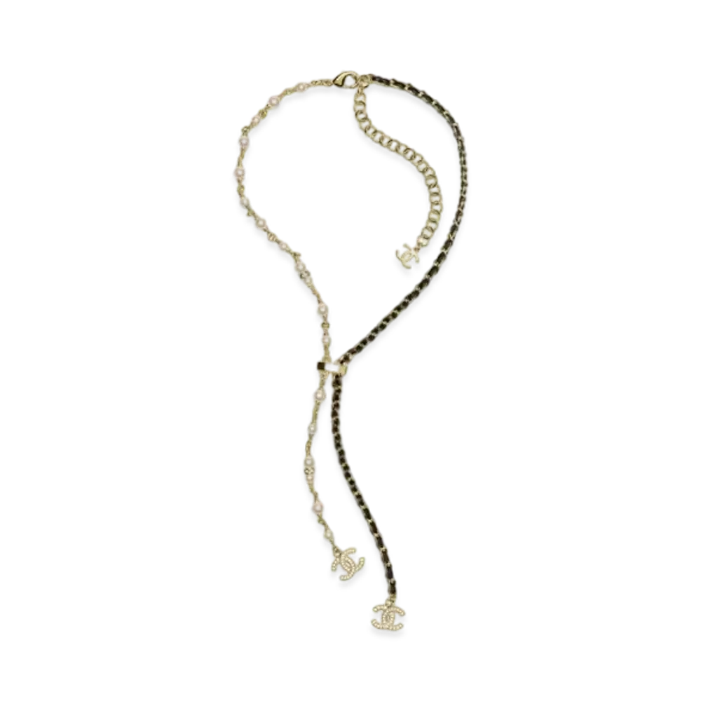 CHANEL Necklace Metal, Calfskin, Glass Pearls & Diamante "Gold/White/Black/Crystal"