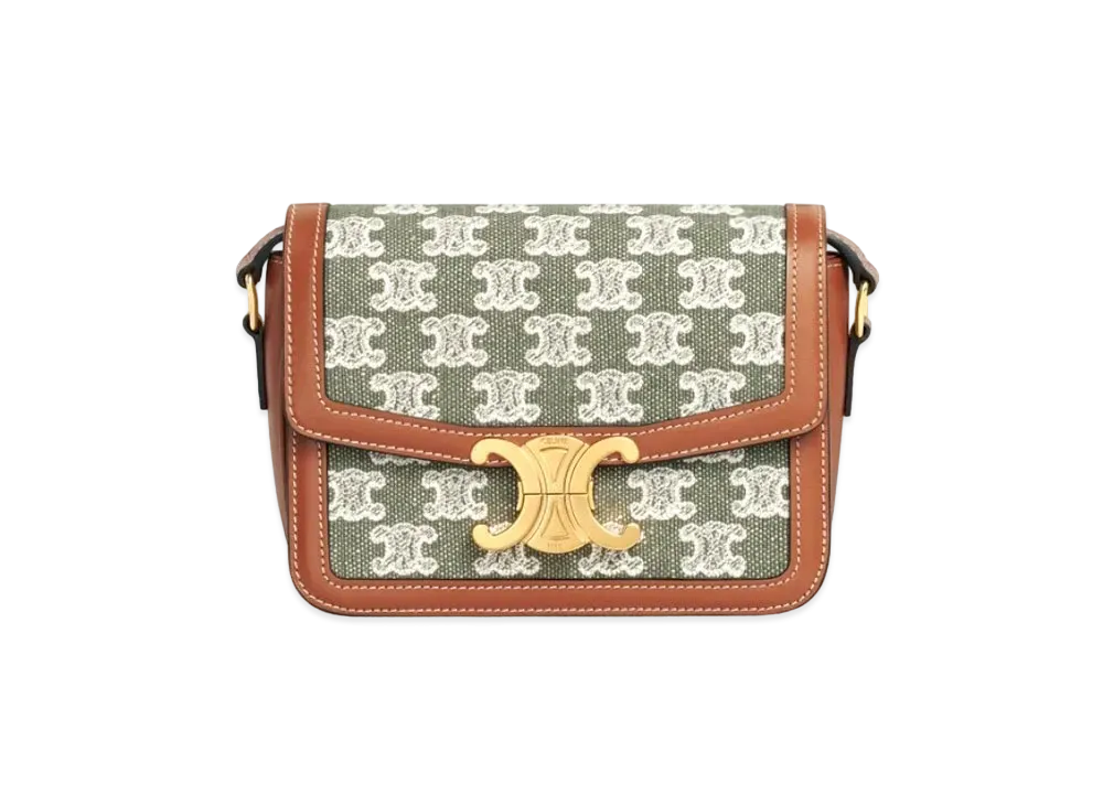 CELINE Teen Triomphe Bag in Textile with Triomphe Embroidery and Calfskin "Khaki"