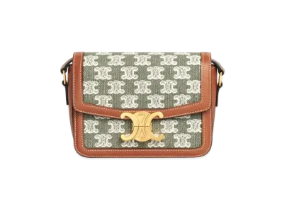 CELINE Teen Triomphe Bag in Textile with Triomphe Embroidery and Calfskin "Khaki"
