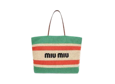 MIU MIU Raffia And Cotton Tote Bag "Beige/Apple Green"