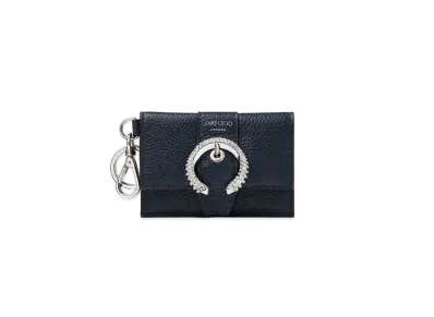 JIMMY CHOO FLAP CARDHOLDER Soft Grainy Calf Leather Card Case With Crystal Buckle "Navy"