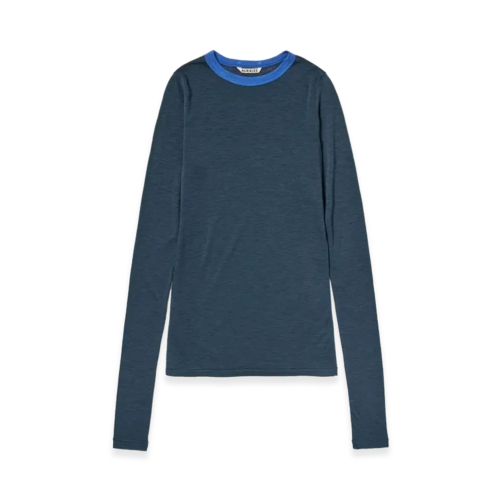 AURALEE Women's Fluffy Cashmere Nylon Jersey Ringer L/S Tee "Navy"