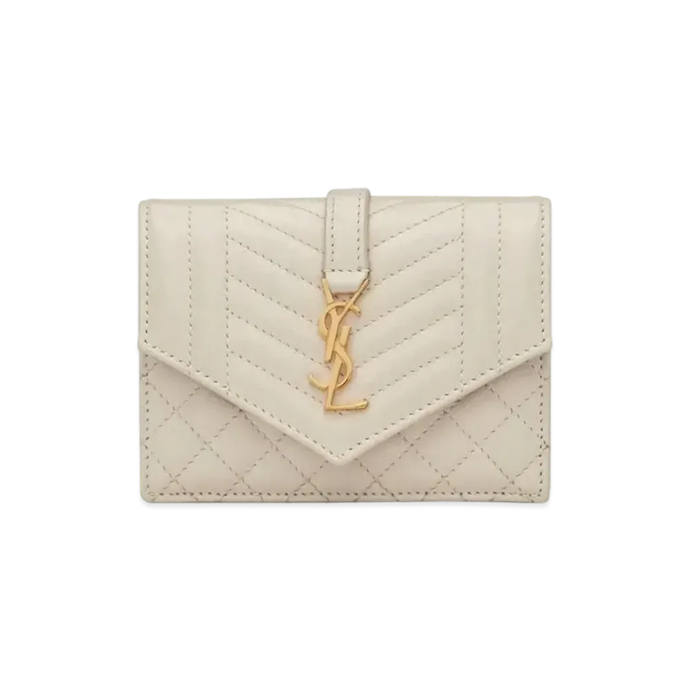 SAINT LAURENT Monogram Card Case In Mix Matelasse Grain De Poudre Embossed Leather "Vintage White"