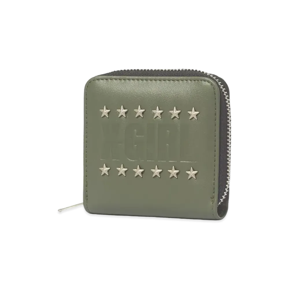 X-Girl Women's Logo And Star Studded Faux Leather Mini Wallet "Olive"