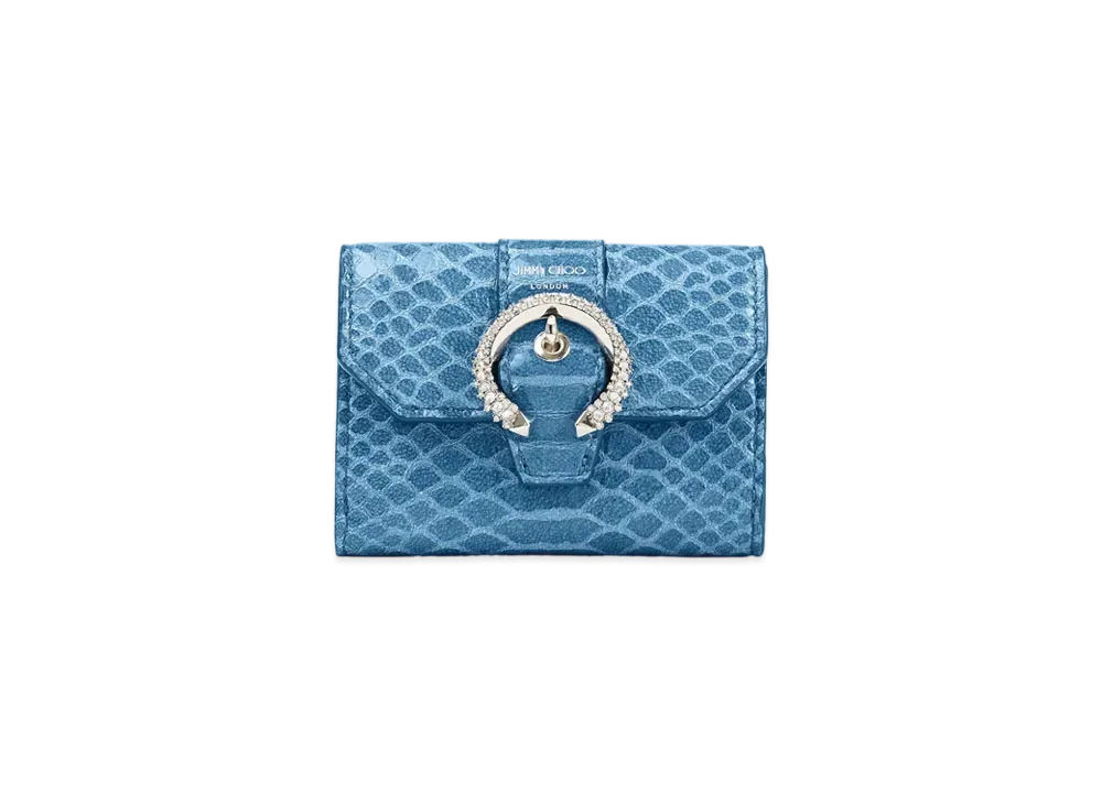 Jimmy Choo Odile Gel Snake Printed Leather Wallet With Crystal Buckle "Butterfly Blue"