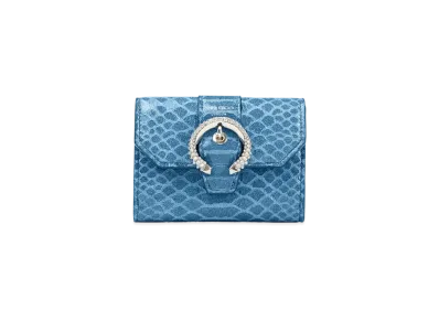 Jimmy Choo Odile Gel Snake Printed Leather Wallet With Crystal Buckle "Butterfly Blue"