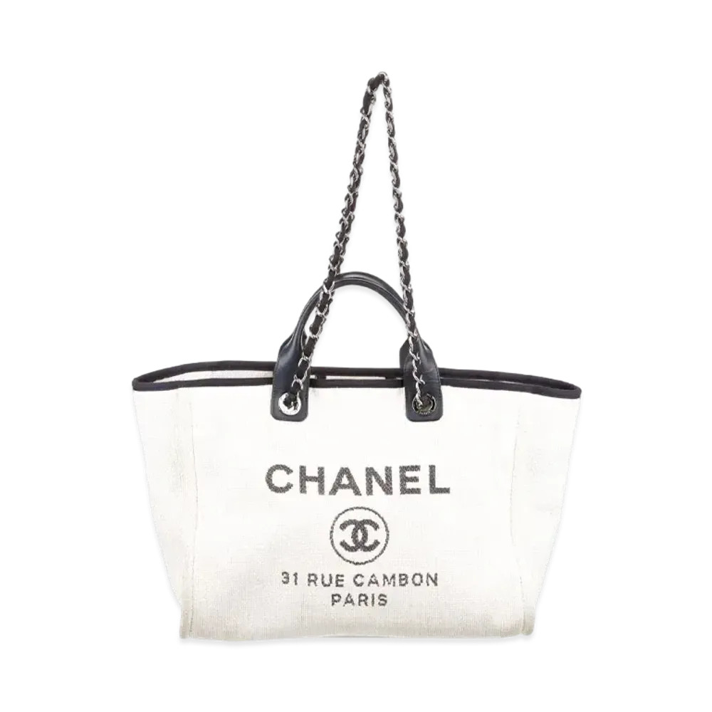 CHANEL Medium Deauville Tote Canvas "White/Black/Silver"