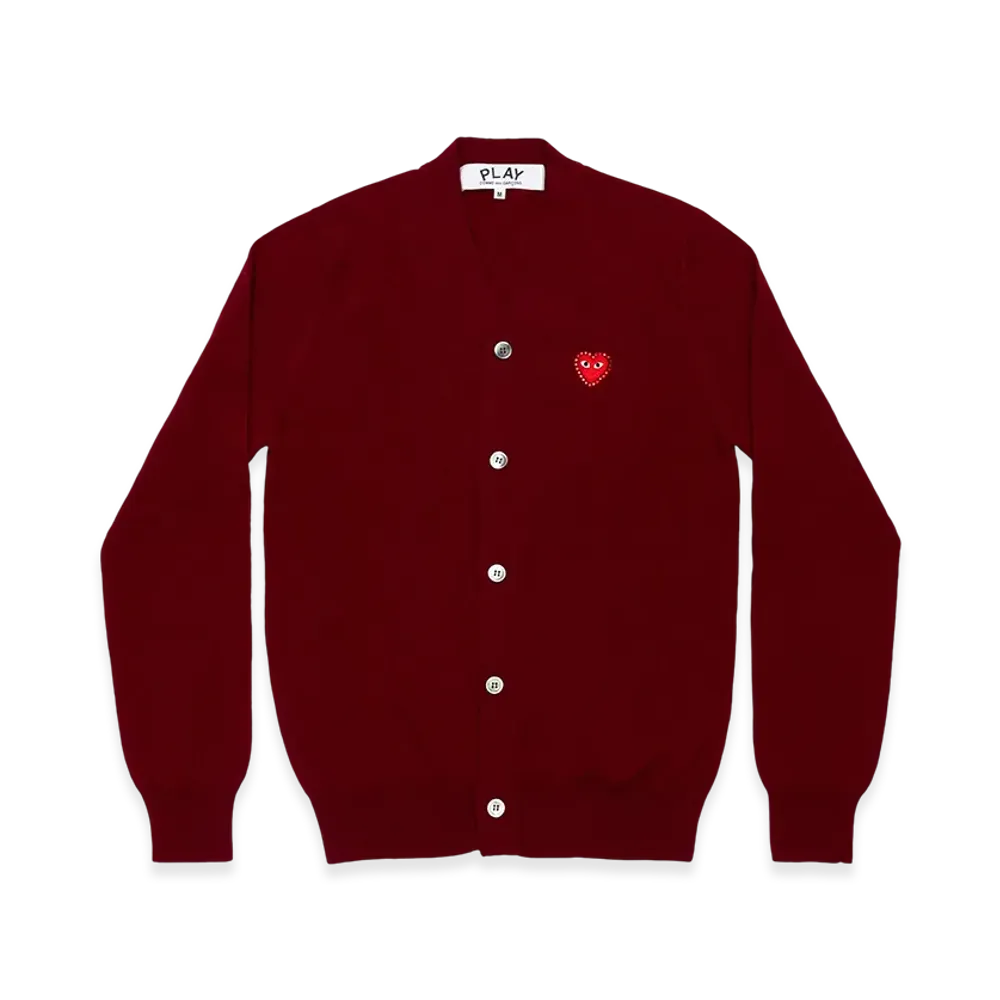 PLAY COMME des GARCONS Unisex V-Neck Cardigan with Emblem x Rhinestone "Burgundy"