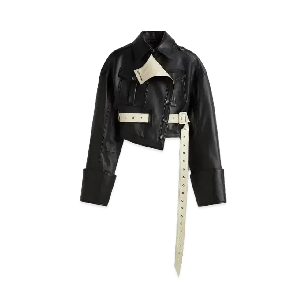 rokh x H&M Leather Cropped Jacket "Black/Light Beige"