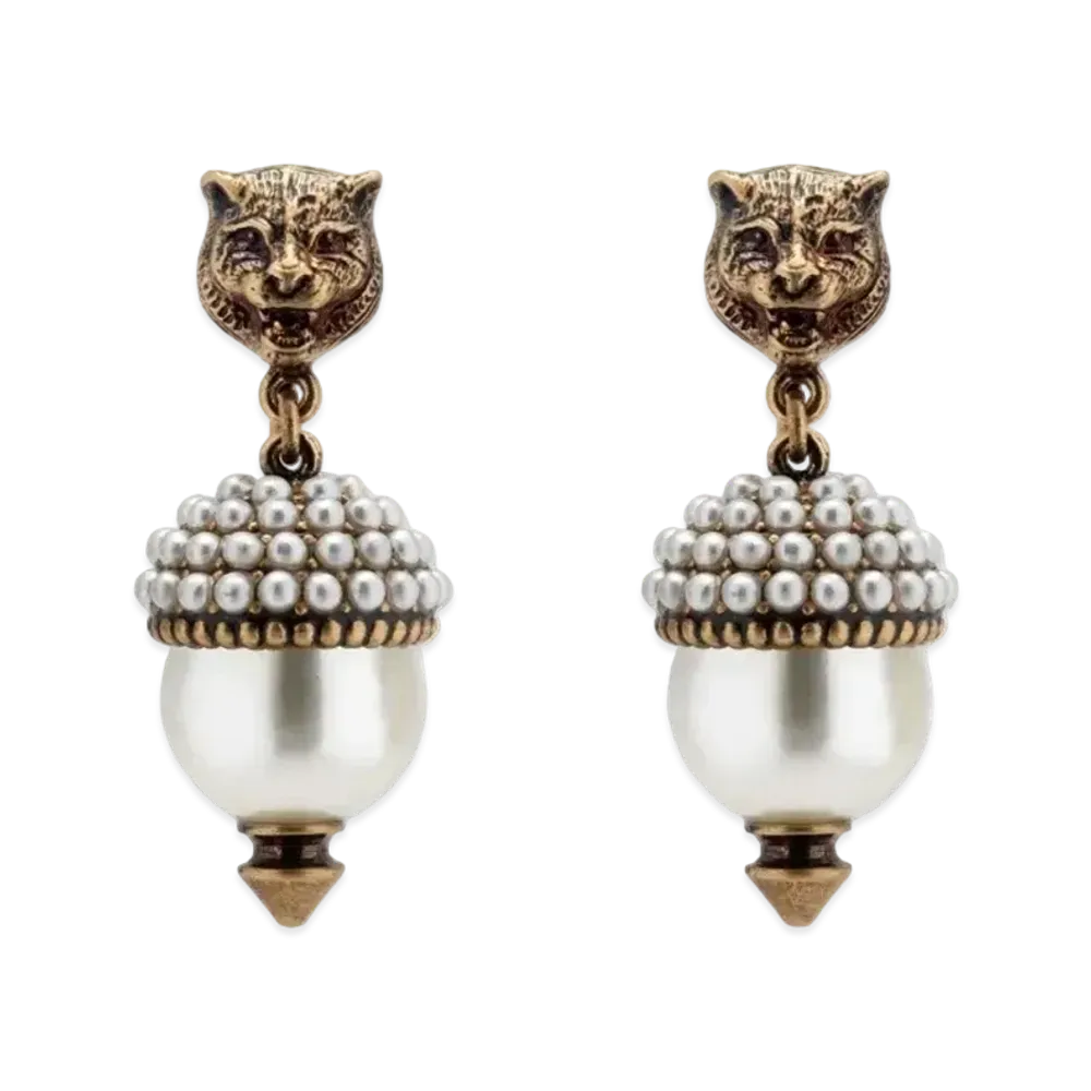 GUCCI Pearl & Tiger Head Earrings "Antique Dark Grey"