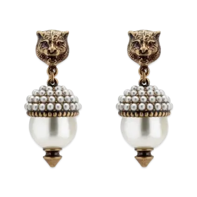 GUCCI Pearl & Tiger Head Earrings "Antique Dark Grey"