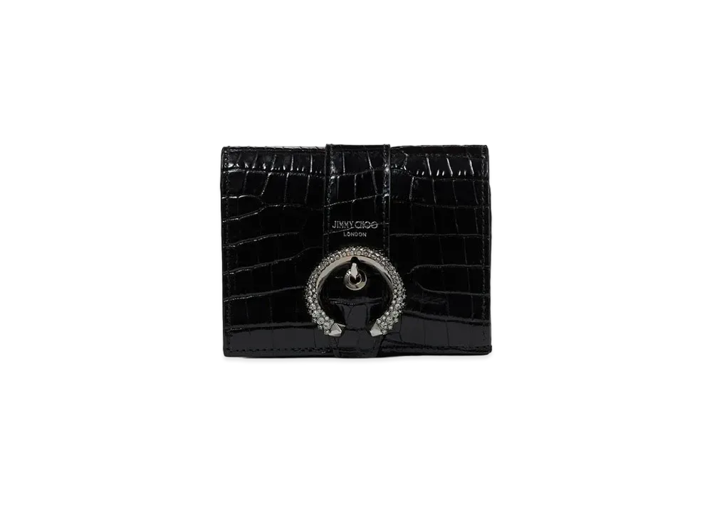 Jimmy Choo Odile Shiny Croc-Embossed Leather Wallet With Crystal Buckle "Black"
