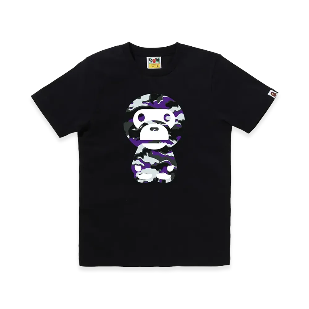 A BATHING APE Women's Glitch Woodland Camo Big Baby Miro Tee "Black/Purple"
