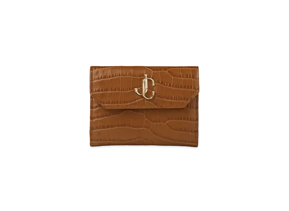 Jimmy Choo Odile Croco Embossed Leather Wallet With JC Logo "Light Gold/Dark Tan"