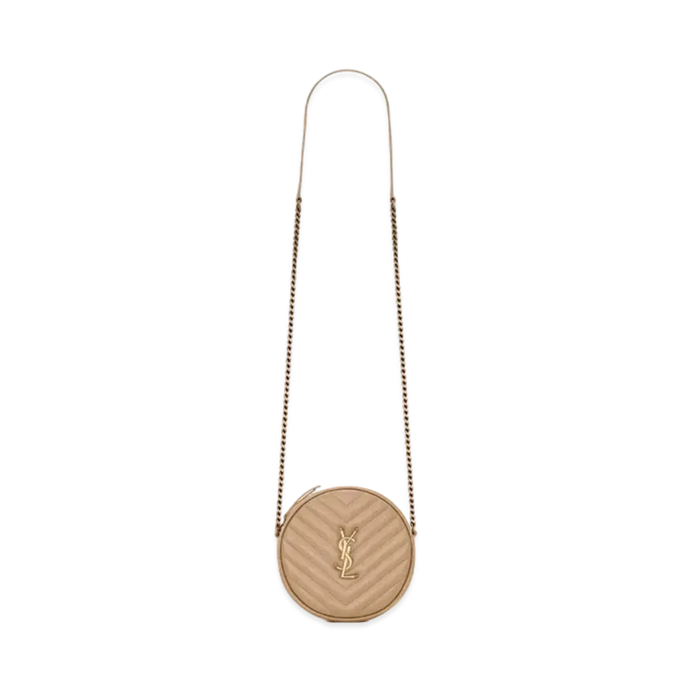 Saint Laurent Vinyle Round Camera Bag In Chevron-Quilted Grain De Poudre Embossed Leather "Dark Beige"