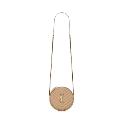 Saint Laurent Vinyle Round Camera Bag In Chevron-Quilted Grain De Poudre Embossed Leather "Dark Beige"
