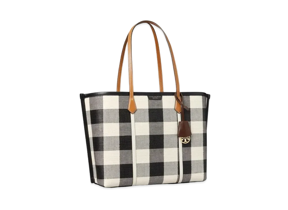 Tory Burch Perry Gingham Triple-Compartment Tote Bag "Black/New Ivory Gingham"