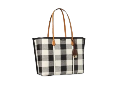 Tory Burch Perry Gingham Triple-Compartment Tote Bag "Black/New Ivory Gingham"