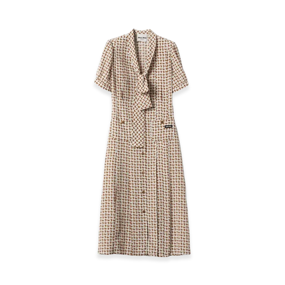 MIU MIU Women's Paisley Print Pleated Marocain Dress "Avory/Orange"