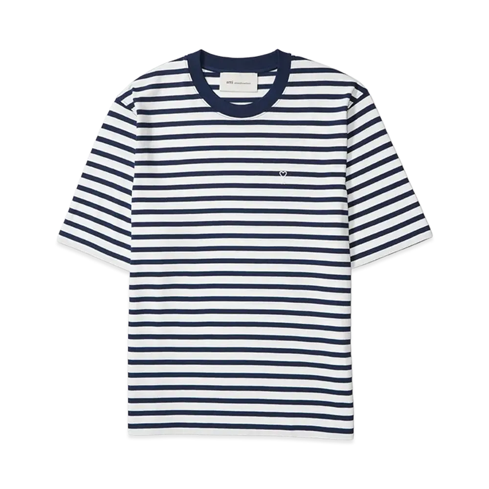 AMI PARIS Quota -Short Sleeves Boxy Fit Mariniere Teeshirt With Ami De Coeur Patch "Blue"