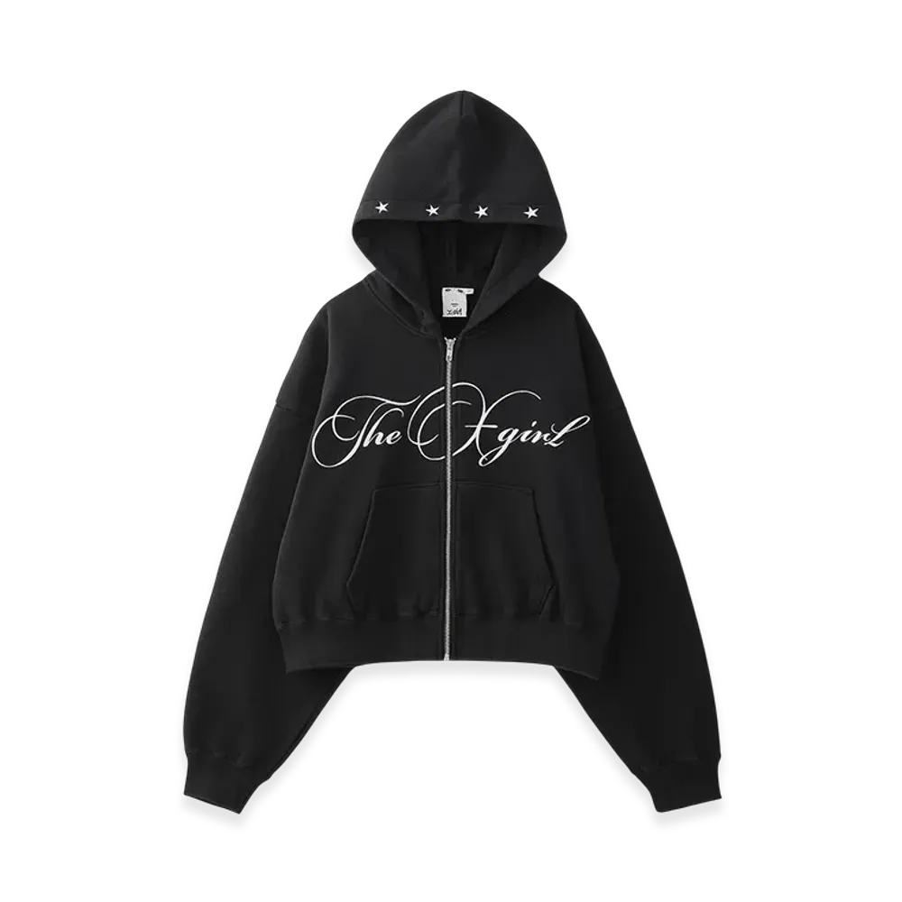 X-Girl Pencil Script Logo Embroidered Zip Up Sweat Hoodie "Black"
