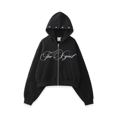 X-Girl Pencil Script Logo Embroidered Zip Up Sweat Hoodie "Black"