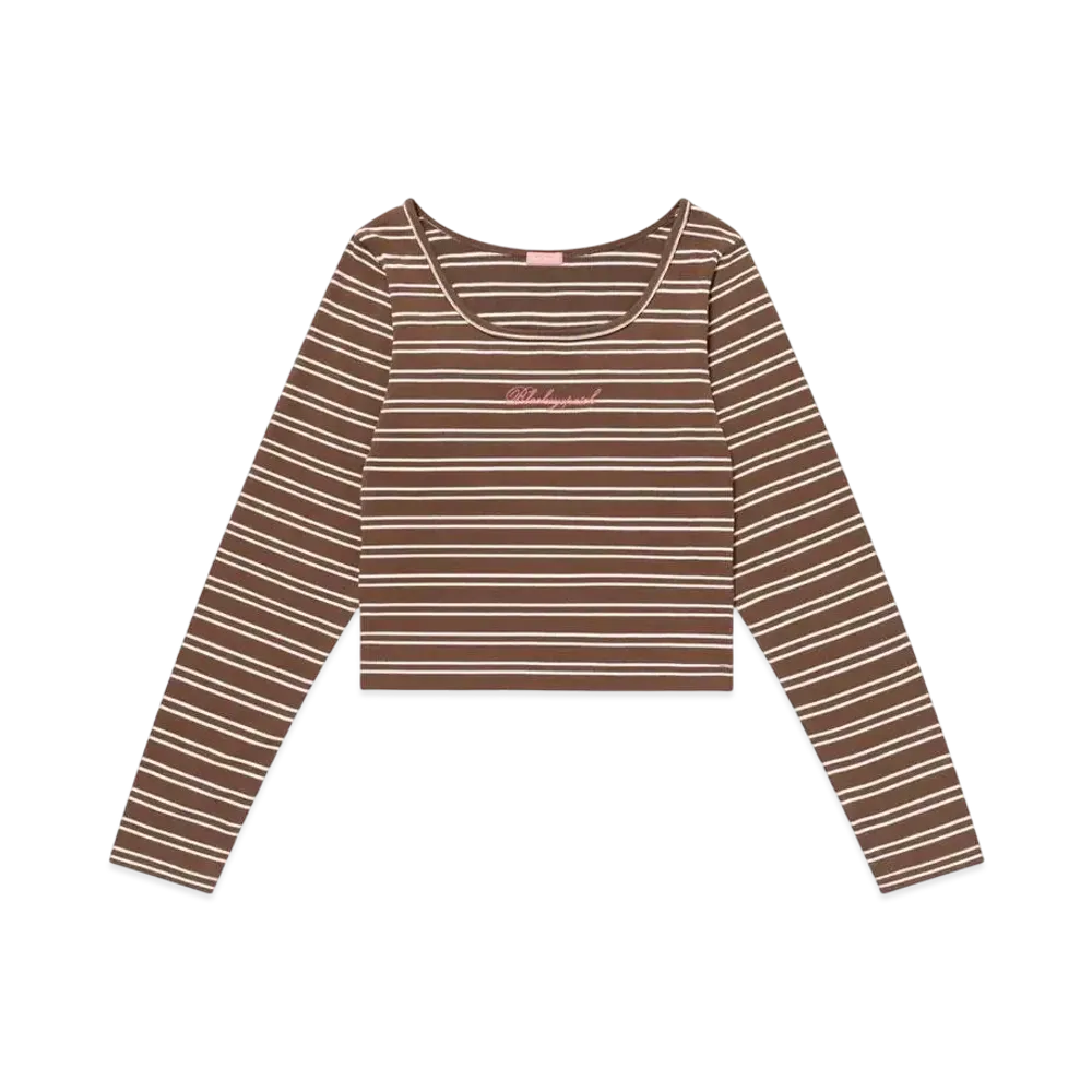 BlackEyePatch Striped Square Neck Cropped L/S Tee "Brown"