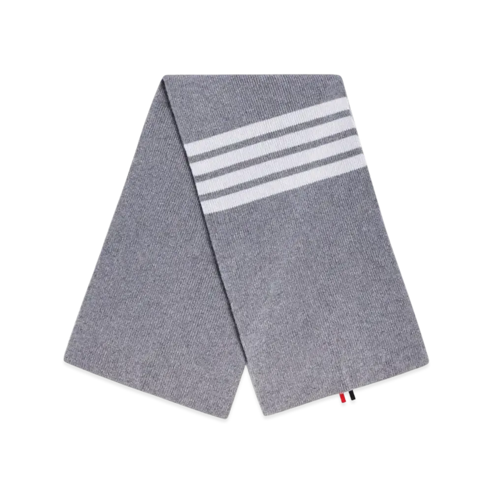 THOM BROWNE Full Needle Ribbed Scarf White 4-BAR Stripe Cashmere