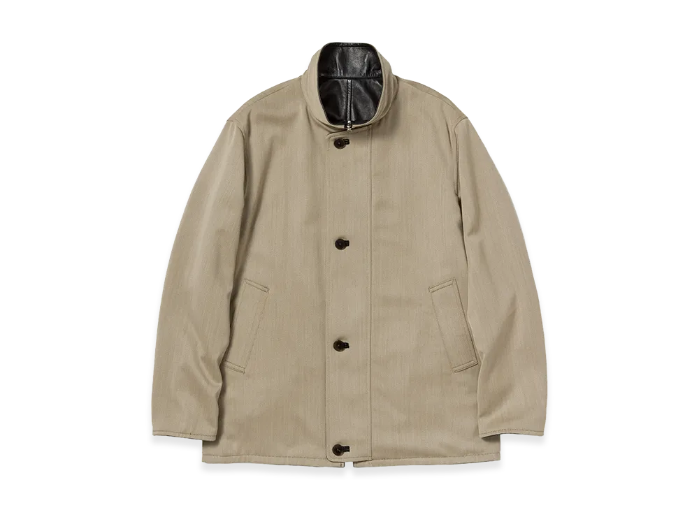 AURALEE Women's Reversible Wool Twisted Twill / Sheep Leather Half Coat "Khaki Beige Chambray × Black"