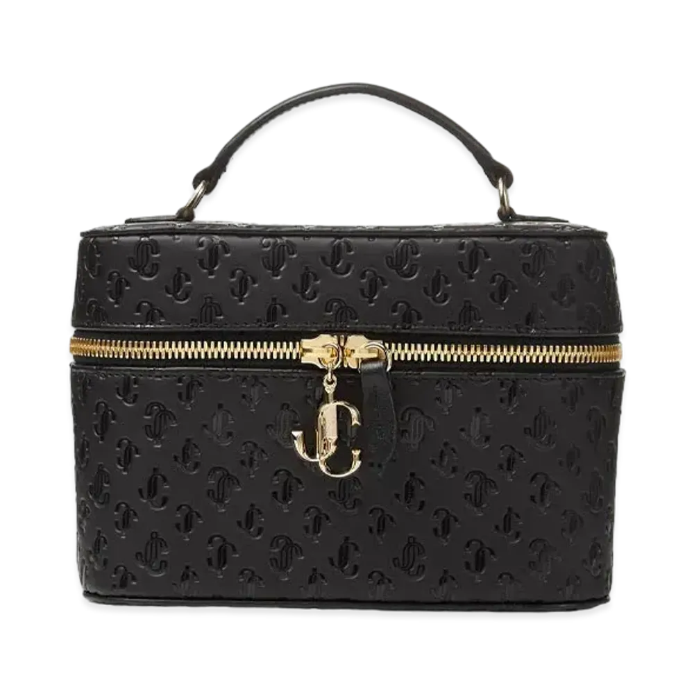 JIMMY CHOO VANITY CASE W/CHAIN JC Monogram Pattern Vanity Case With Light Gold JC Logo "Black"