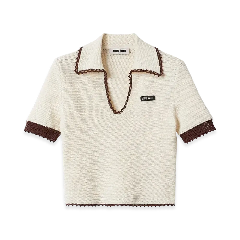 MIU MIU Women's Crocheted Cotton Polo Shirt "Ivory/Cocoa Brown"