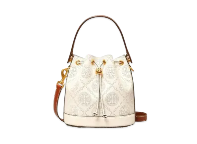 Tory Burch T Monogram Perforated Leather Mini Bucket Bag "New Ivory"
