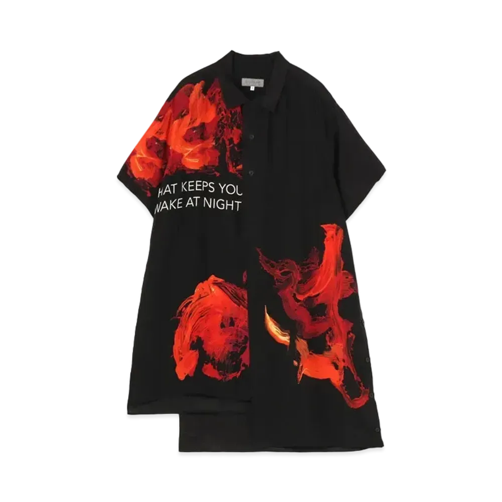Yohji Yamamoto Pour Homme SILK SATIN ORIGINAL PRINT LEFT BODY DOUBLE TAILORING ALOHA SHIRT "Black"