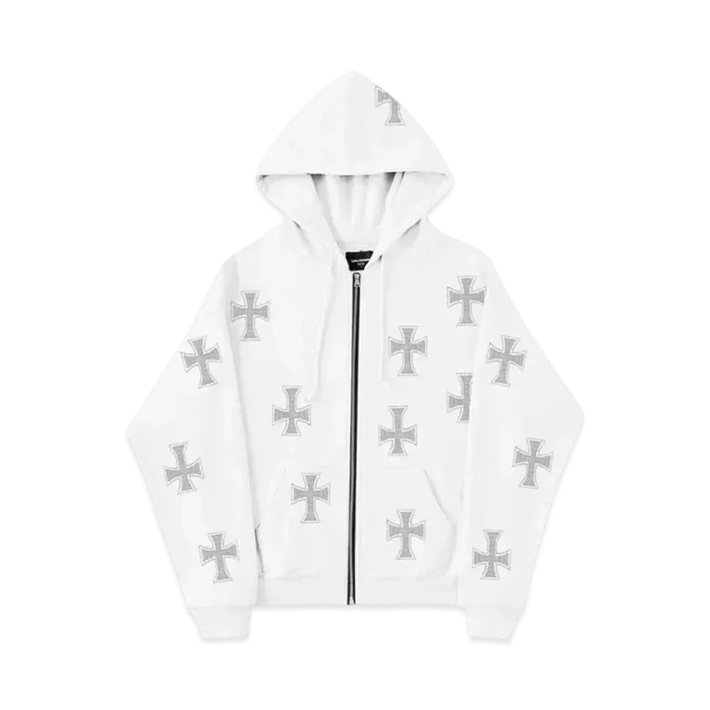 Unknown London Rhinestone Cross Zip Hoodie "White"