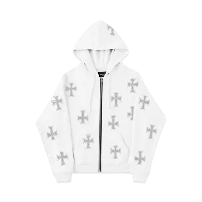 Unknown London Rhinestone Cross Zip Hoodie "White"