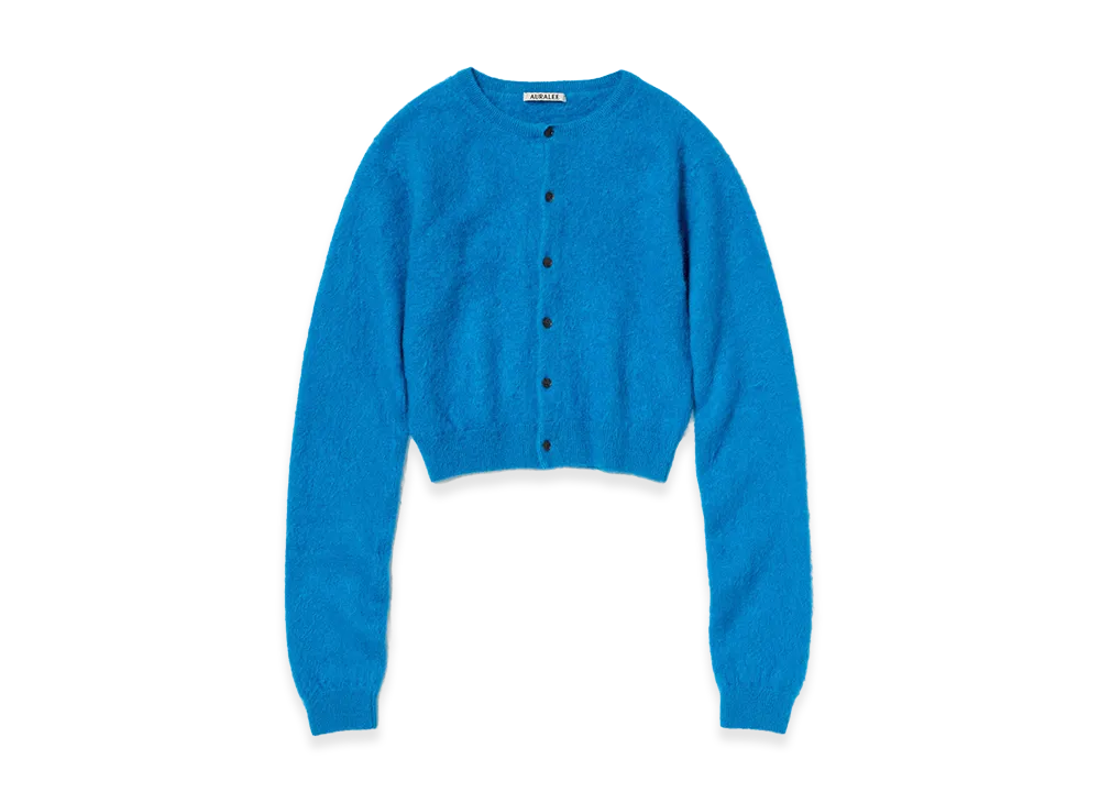 AURALEE Women's Garment-Dyed Baby Alpaca Fur Knit Crew-Neck Cardigan "Royal Blue"