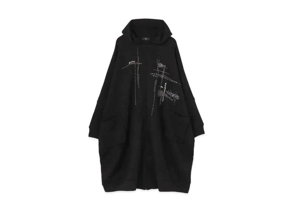 Yohji Yamamoto Y's COTTON LYOCELL FLEECE EMBROIDERY LONG HOODIE "Black"